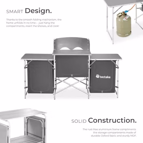 tectake Portable Camping Kitchen in Grey with 5 Internal Shelves, Heat-Resistant Worktop and Aluminium Frame, W/D/H: 104 x 52 x 52 cm – 3