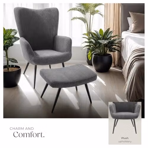 tectake Scandinavian Style Armchair with Footstool in Anthracite and Black Corduroy Fabric, W/D/H: 76.0 x 72.0 x 100.5 cm – 6