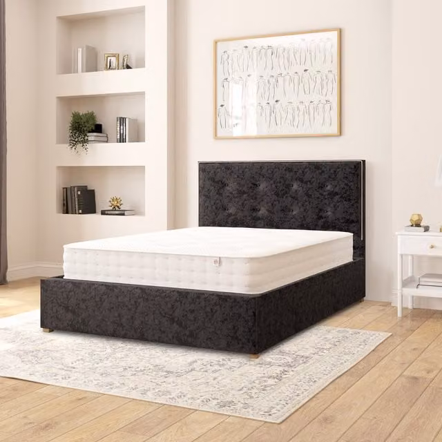 Aspire Presley Black Velvet Fabric Ottoman Storage Bed, W/D/H: 140 x 200 cm