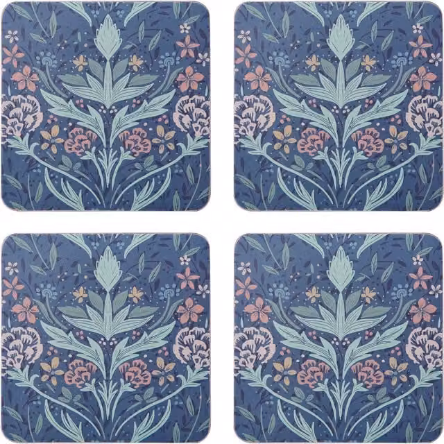 Creative Tops Set of 4 Floral Arts and Crafts Coasters, Blue, W/D: 10.5 x 10.5 cm