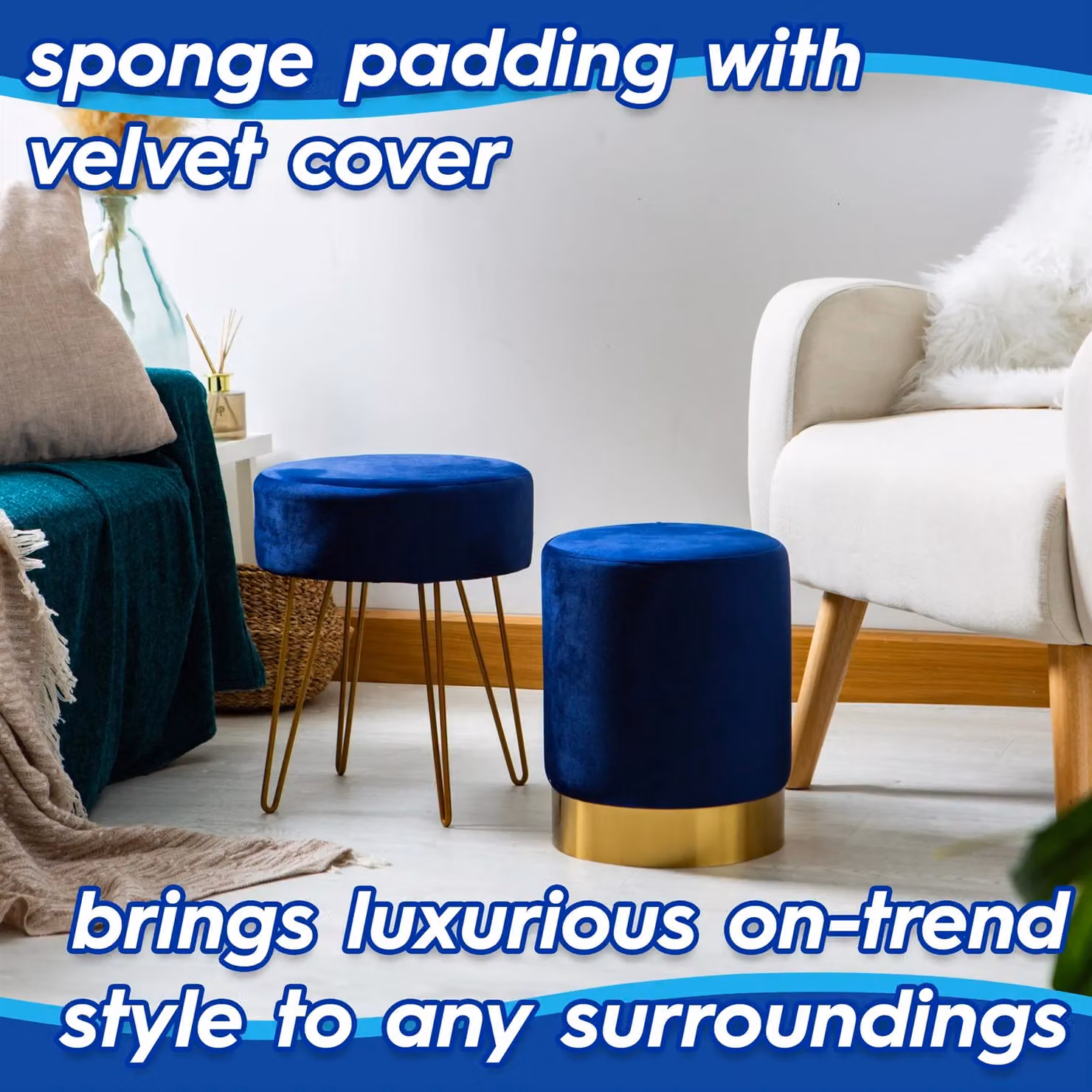 Harbour Housewares Round Blue Velvet Footstool with Gold Hairpin Legs, H40 x D35 cm – 2