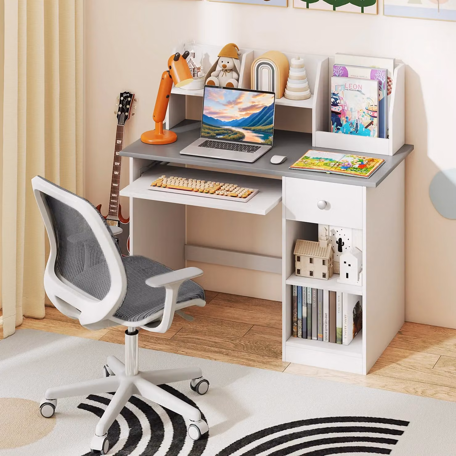 Gymax Grey Wooden Computer Desk with Keyboard Tray and Drawer – 2