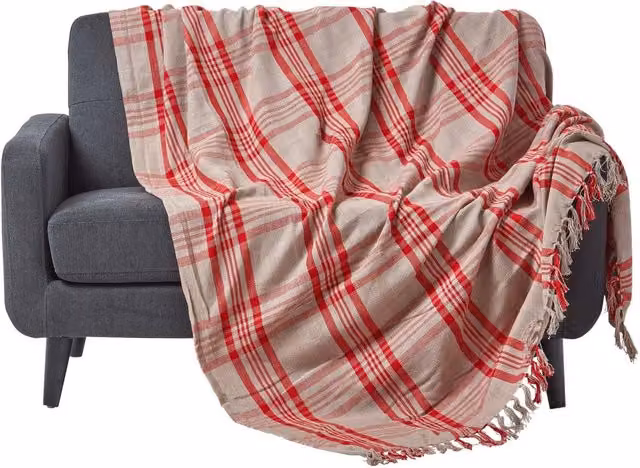 Homescapes Grey and Red Tartan Checked Cotton Throw, W: 152 cm, D: 203 cm – 1