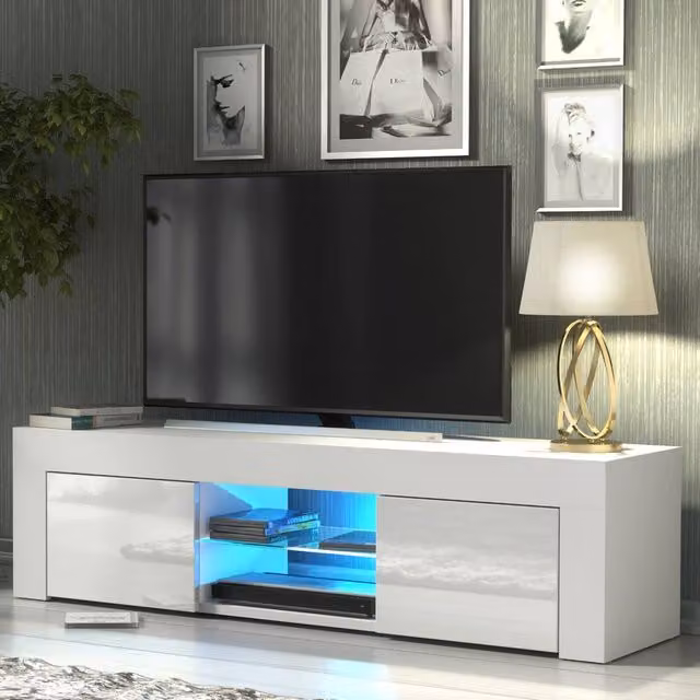 Mex Furniture LTD Loom TV Unit, White with Glossy Doors and LED Lights, W: 130 cm, D: 35 cm, H: 35 cm