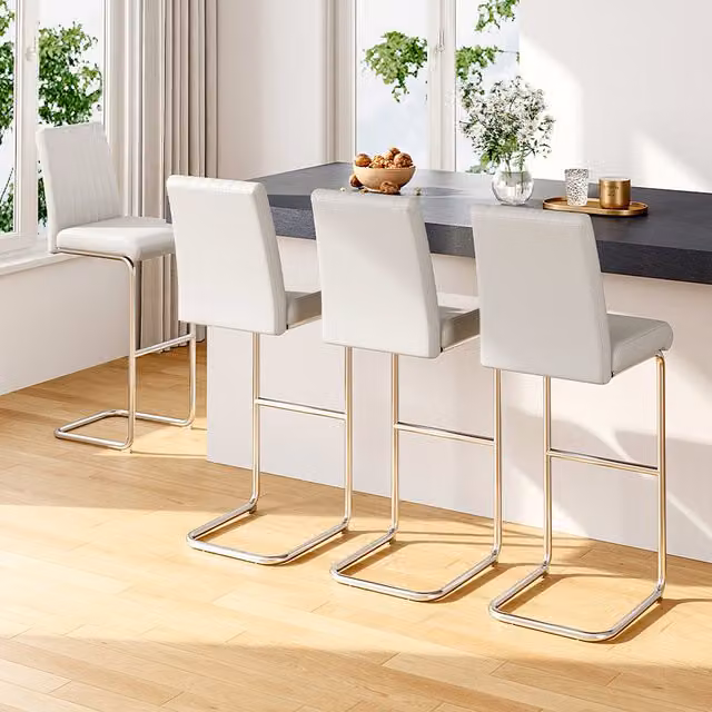 Livingandhome Set of 2 Mid Century PU Leather Armless Bar Stools with Cantilever Base in White