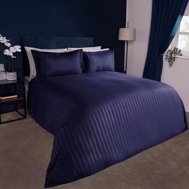 Brentfords Blue Satin Stripe Reversible Microfibre Duvet Cover and Pillowcase Set, W: 200 cm x L: 200 cm