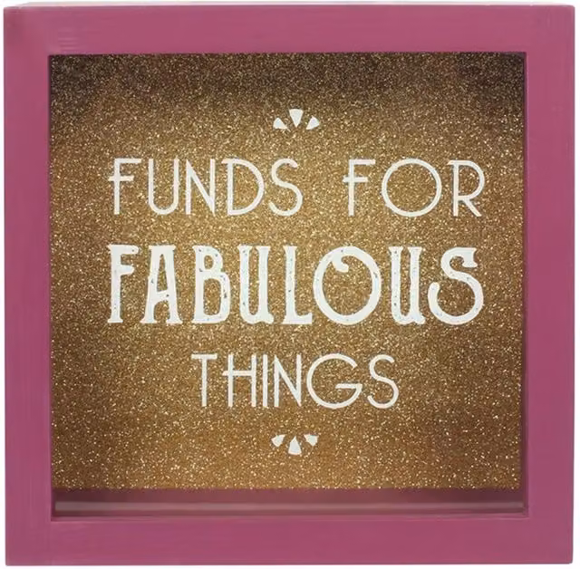 KDMK Funds For Fabulous Things Money Box, Pink Wood and Glass Tabletop Design