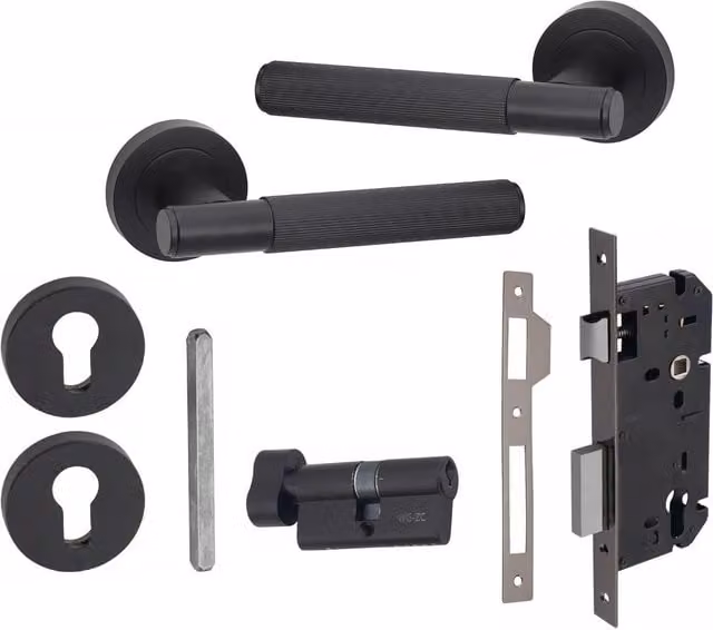 Golden Grace Linear T-Bar Euro Lock Door Handle Set with Thumbturn in Matt Black