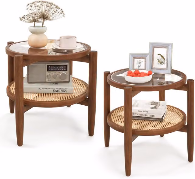 Costway Set of 2 Round 2-Tier PE Rattan Side Tables with Glass and Acacia Wood in Brown – 1