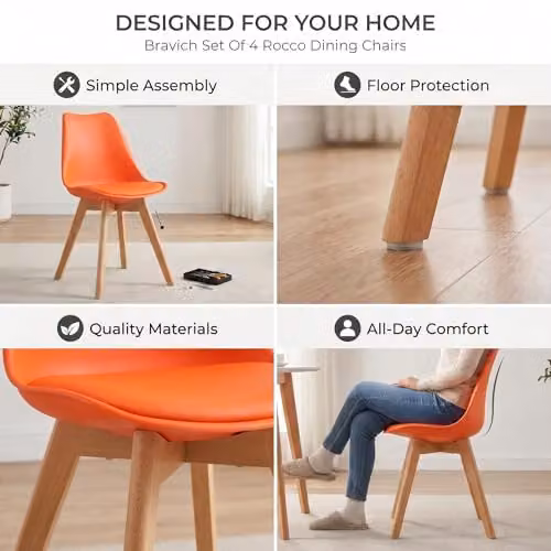 Bravich Rocco Modern Dining Chair with Orange Synthetic Leather Cushion and Beech Wood Legs – 3