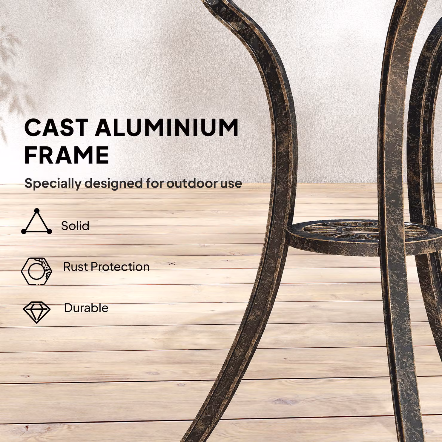 Outsunny Brown Cast Aluminium Outdoor Bistro Set for 2 with Round Table and Umbrella Hole – 4
