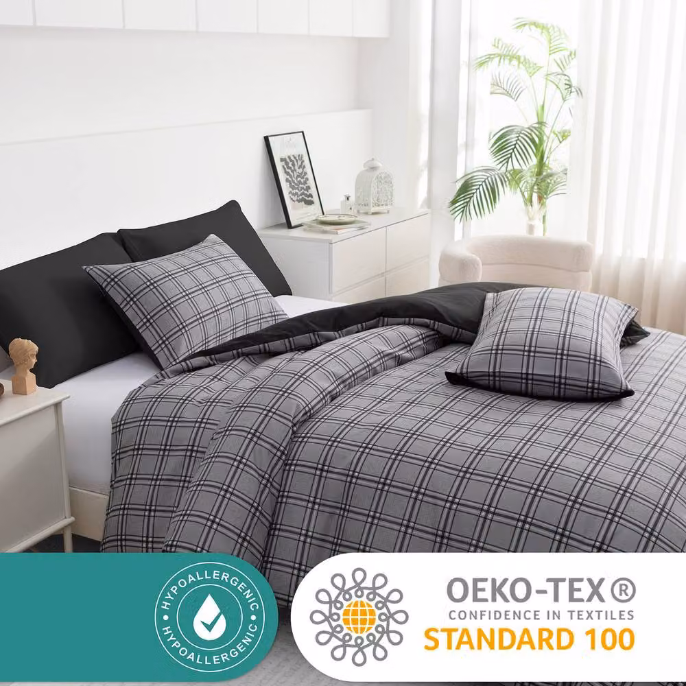 Grace 4 Piece Double Duvet Set with Matching Black Fitted Sheet in Grey, Reversible Breathable Microfibre Bedding Set – 10