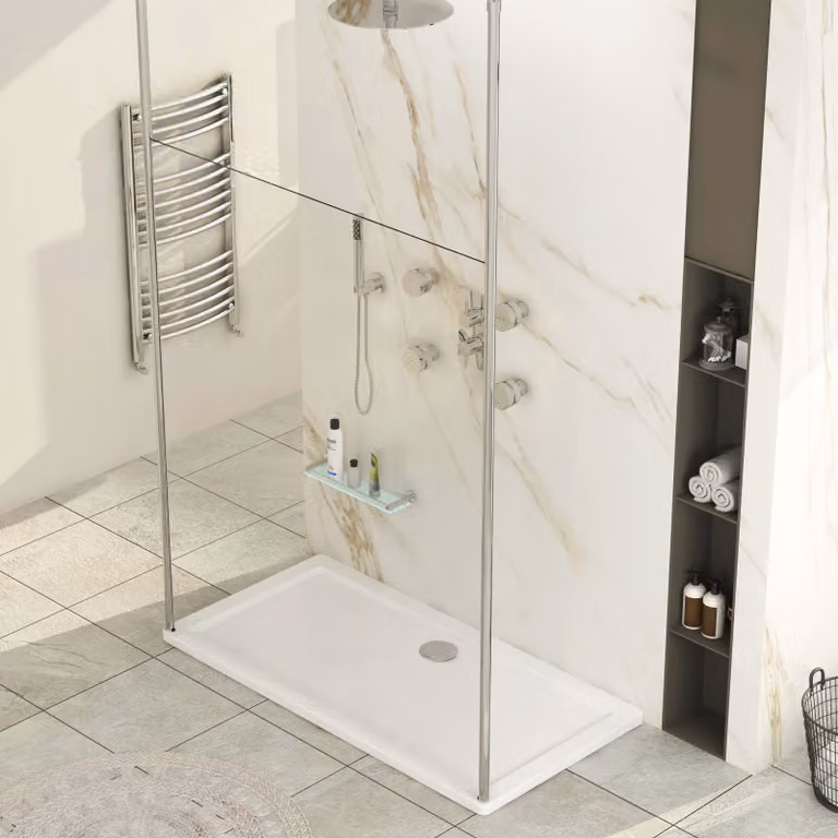 Royal Bathrooms Marbella Walk Through Wet Room Shower Screen, 1100mm, 8mm Clear Glass with 2 Chrome Ceiling Posts
