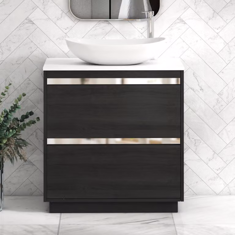Royal Bathrooms Orion 800mm Hale Black Floor Standing Vanity Unit with Cesar Basin and 2 Drawers in Plain White and Chrome Accent Trim