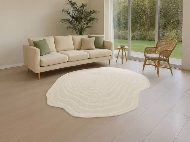 Vente-unique Hand-Tufted Shaped Textured 100% Wool Rug in Ivory, Diameter: 200 cm