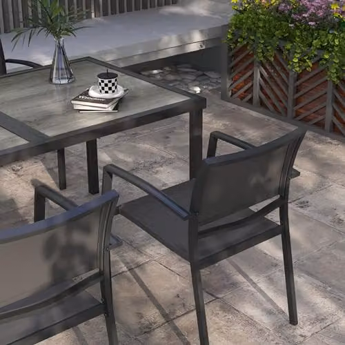 Outsunny 5 Piece Grey Metal Garden Dining Set with Stackable Armchairs – 5