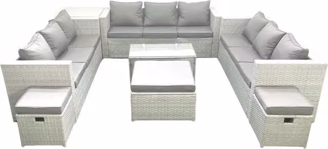 Fimous 12 Seater Rattan Garden Furniture Set with U-Shape Sofa, Coffee Table and 3 Footstools in Light Grey