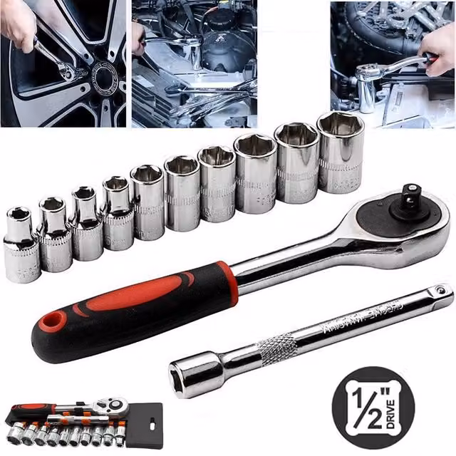 SPETLEK 12-Piece 1/2 Inch Metric Socket Set with Ratchet, 8-24mm, Chrome Vanadium Steel, Silver and Multicolour – 1