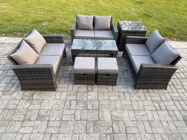 Fimous 7 Piece U-Shape Outdoor Lounge Sofa Set in Dark Grey with PE Rattan, Coffee Table, Double Seater Sofa, Side Table and Ottoman