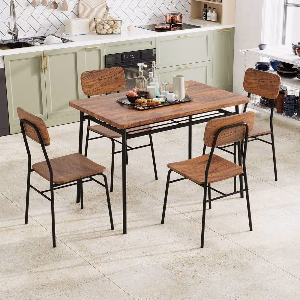 Gymax 5-Piece Industrial Dining Set with Rectangular Wood Table and 4 Chairs in Brown – 6