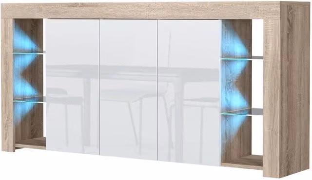 FORGEVIO Modern White and Natural Oak Wood TV Unit Stand Cabinet Sideboard with Integrated Lighting