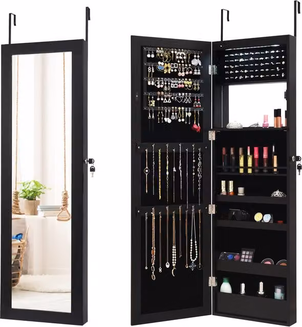 COSTWAY Modern Black Wall Mounted Jewelry Cabinet with LED Lighting, Mirror and Lock