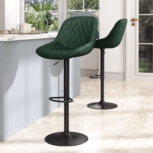 Komore Set of 2 Green Leather Counter Swivel Height Bar Stools