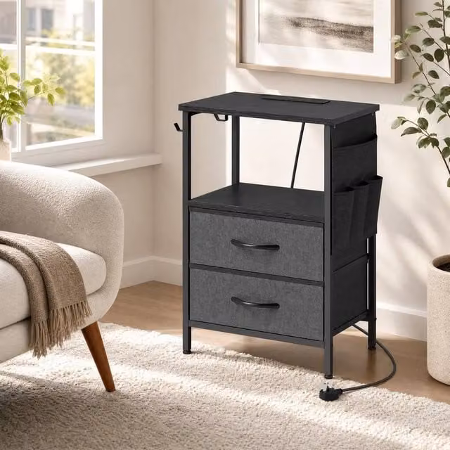 STILVORA Bedside Table with Charging Station in Black