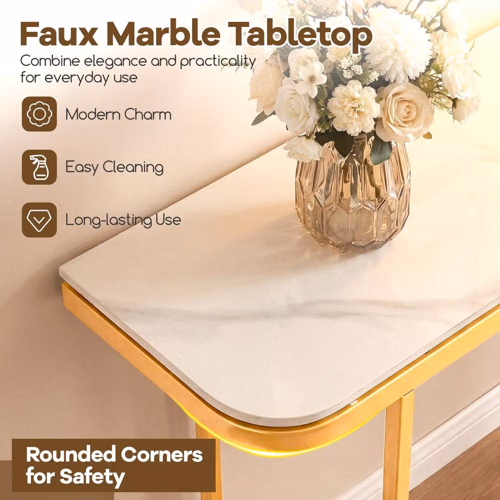 Costway Modern Hallway Console Table with Faux Marble Top and Metal Legs in White – 2