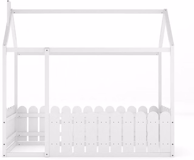 Kidkid Scandinavian House Design Childrens Bed Frame with Fence and Roof in White