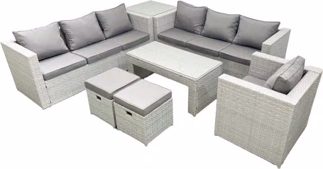 Fimous Wicker PE Rattan Garden Furniture Set in Light Grey with Oblong Coffee Table, Armchair, Two Footstools and Side Table