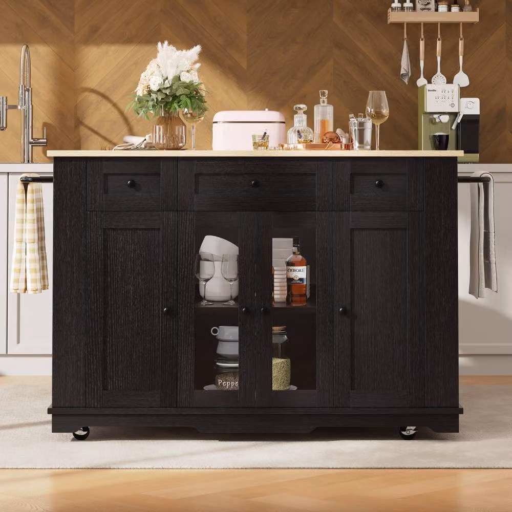 BTM Kitchen Island with Removable Partitions and Glass Cabinet in Black, W/D/H: 120 x 60 x 91.7 cm – 2
