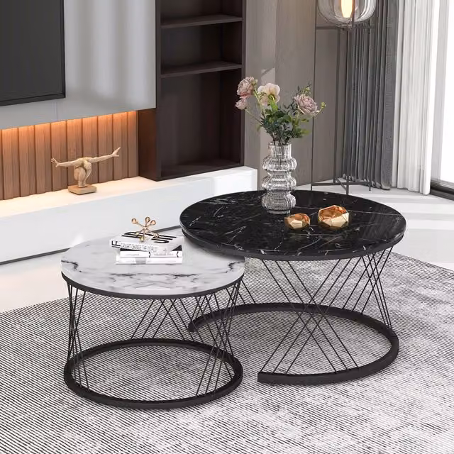 Modern Home Store Set of 2 Modern Marble Design Round Coffee and Side Tables in Black and White