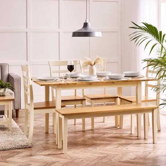 FurnitureboxUK Salcombe Extending Wooden Dining Table with 4 Whitby Chairs and 1 Large Bench in Cream