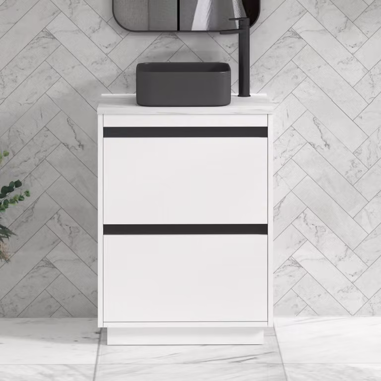 Royal Bathrooms Orion 600mm Matt White Floor Standing Countertop Vanity Unit with 2 Drawers, Art Square Basin and Black Accent Trim