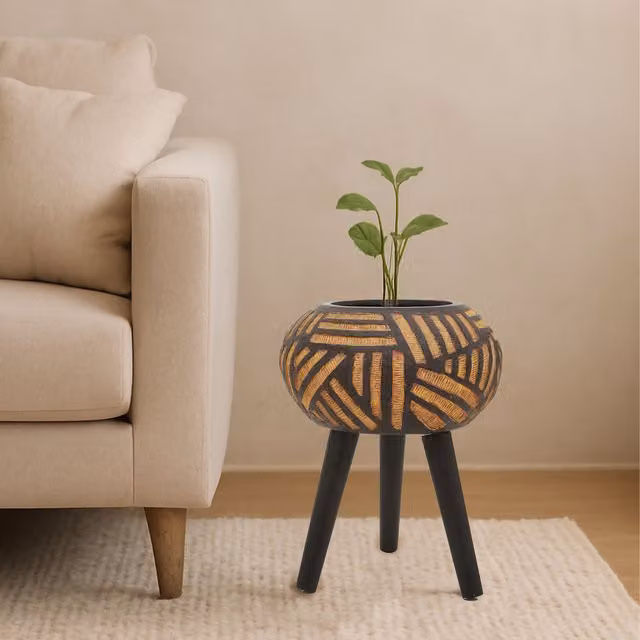 Orsina Darnell Natural and Black Geometric Tapered Tabletop Planter in Multicolour – 2