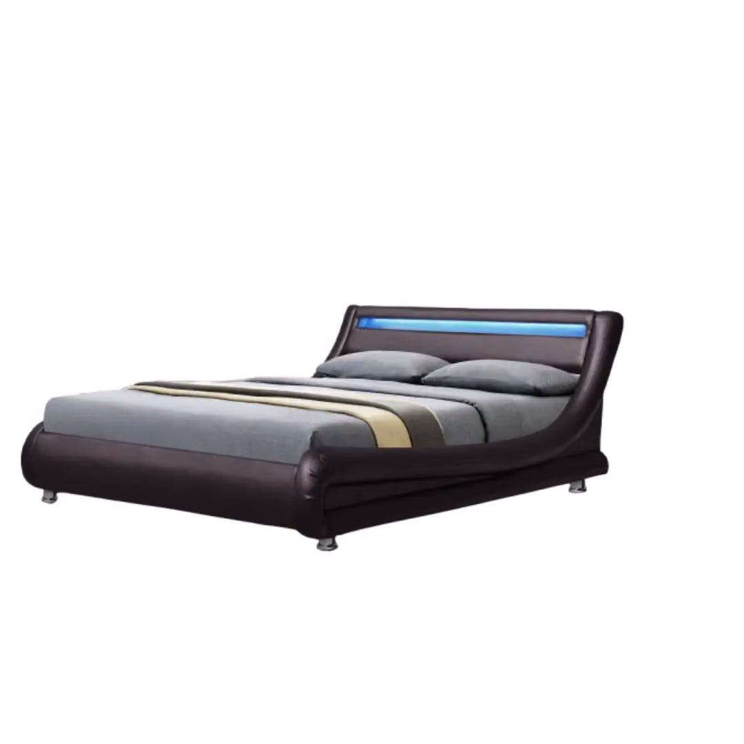 Comfy Living Ltd Italian Style Upholstered Faux Leather Bedframe with LED Under-Bed Lighting in Brown, Size: 140 x 200 cm – 2