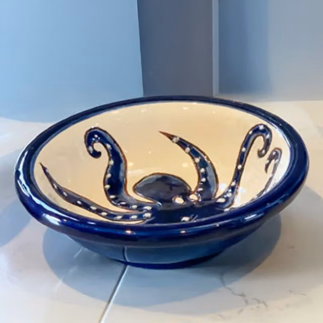 Verano Spanish Ceramics Signature Octopus Ceramic Mini Tapas Dip Bowls in Blue