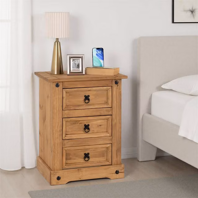 Seconique Corona Essentials 3 Drawer Bedside Cabinet in Brown Distressed Waxed Pine