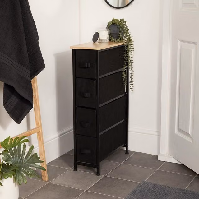 OHS Narrow 4 Drawer Fabric and Metal Storage Cabinet Bedside Table in Black