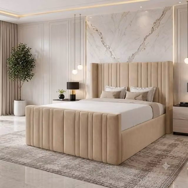 Soft Snooze Beds Panel Divan Ottoman Upholstered Storage Bed in Beige, W/D/H: 200 x 200 cm – 1