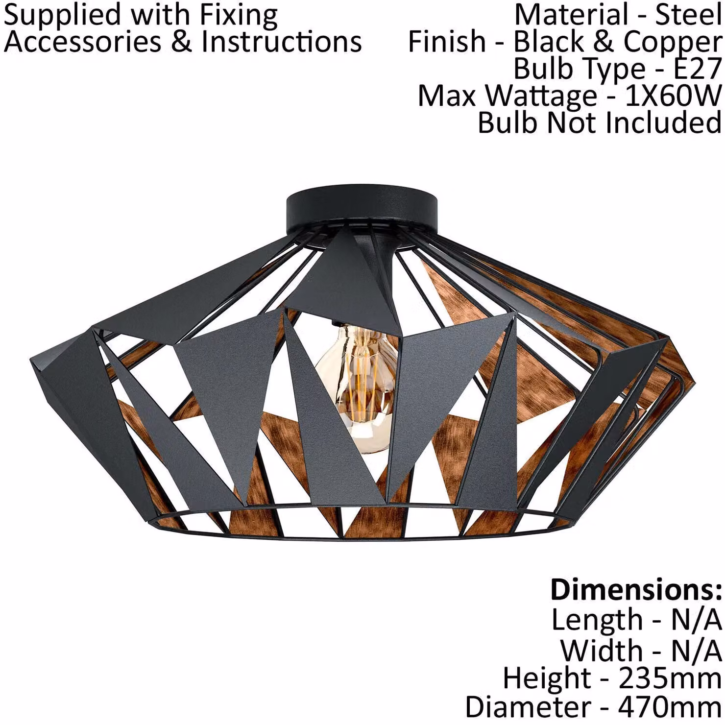 Loops Semi Flush Ceiling Light in Black and Copper with Geometric Metal Shade, E27 60W – 2