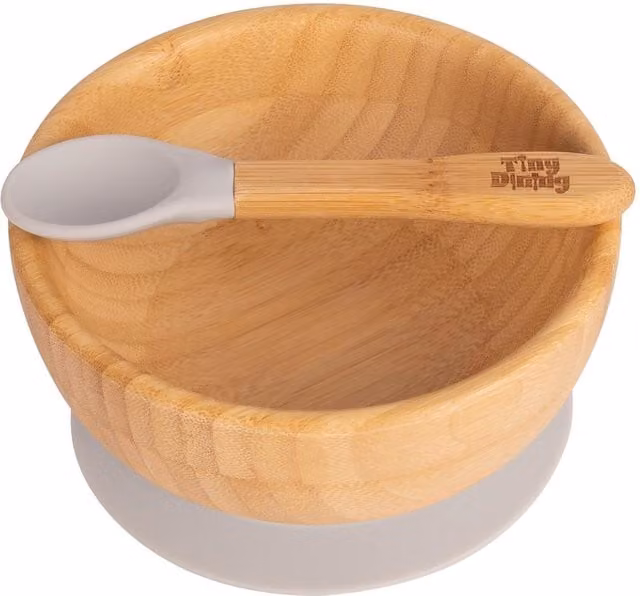 Tiny Dining Children's Bamboo Suction Cereal Bowl and Spoon Set in Grey