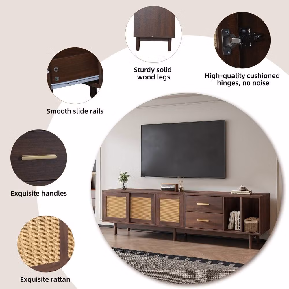 Matteo Modern Dark Brown Wood TV Cabinet with Rattan Sliding Doors and 2 Drawers, W: 190 cm, D: 40 cm, H: 52 cm – 5