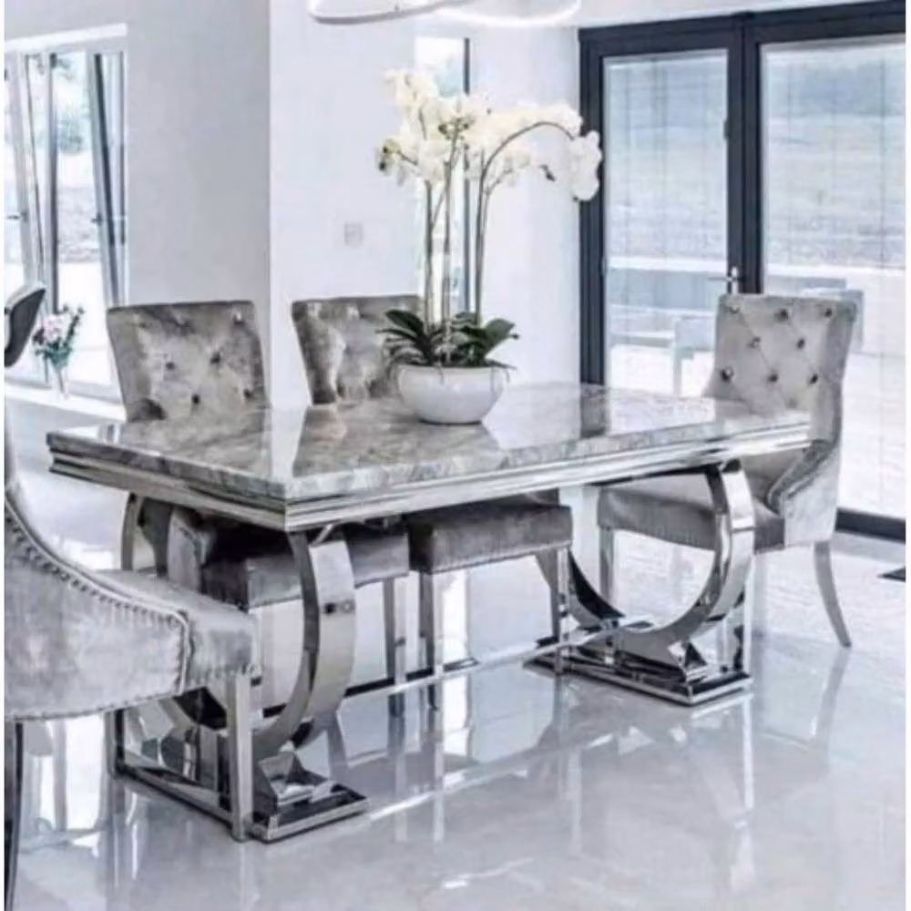 Stratus Interiors Arriana Rectangular Marble Top Dining Table with Central Column Metal Stand in Grey, W/D/H: 180 x 90 x 74 cm – 1