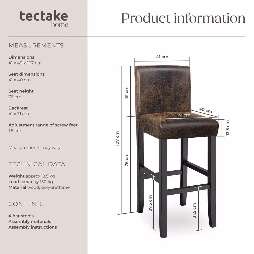 tectake Dover Bar Stool Set of 4 in Antique Brown and Black – 6