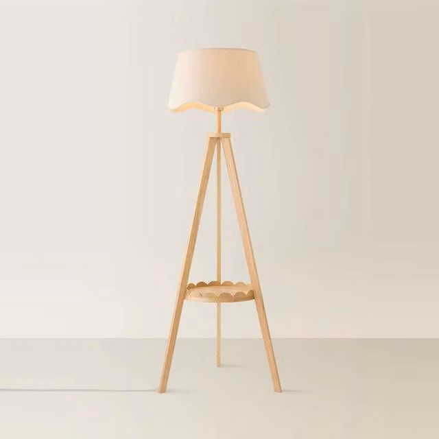 ValueLights Morrigan Scallop Shelf Tripod Floor Lamp in Wood with Green and Beige Fabric Shade