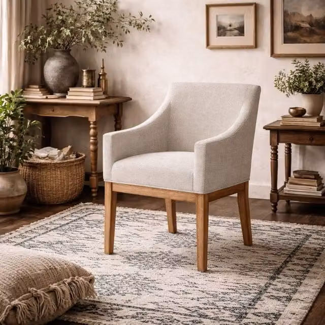 Wyld Haus Athenry Upholstered Linen Effect Dining Chair in Beige with Natural Wood Frame – 1