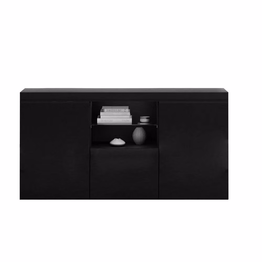 FORGEVIO Modern Black TV Stand Cabinet with High Gloss Doors and Integrated Lighting, W/D/H: 135.0 x 70.0 x 34.0 cm – 1