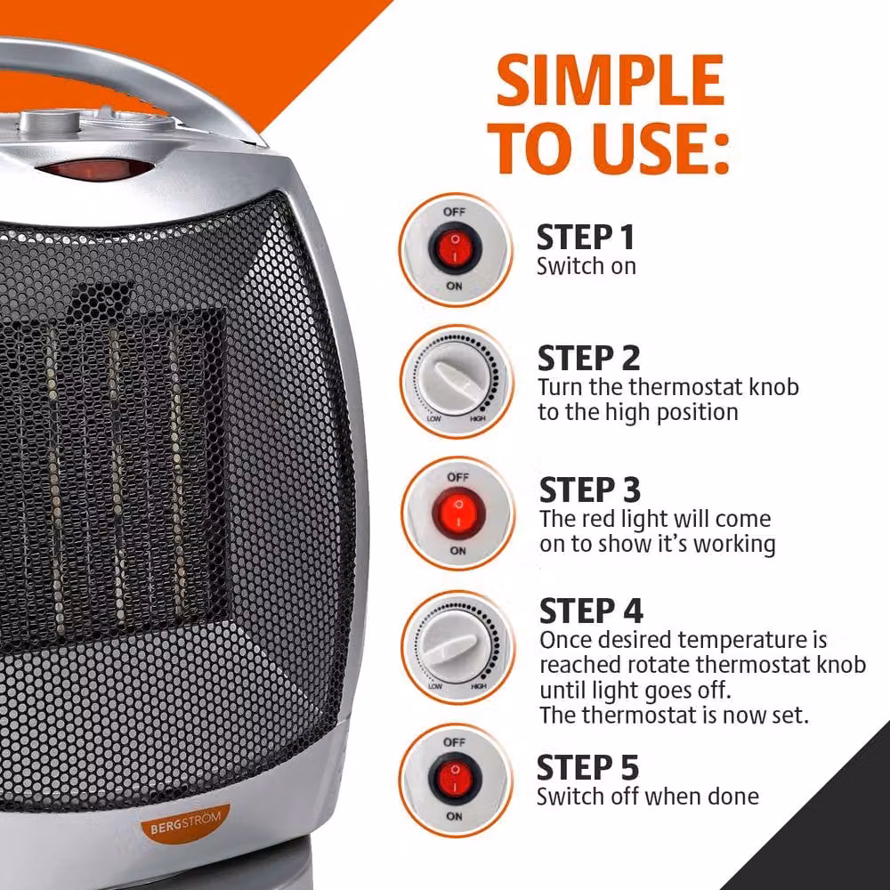 Bergstrom Silver Ceramic Fan Heater with Oscillation and Thermostat Control – 6